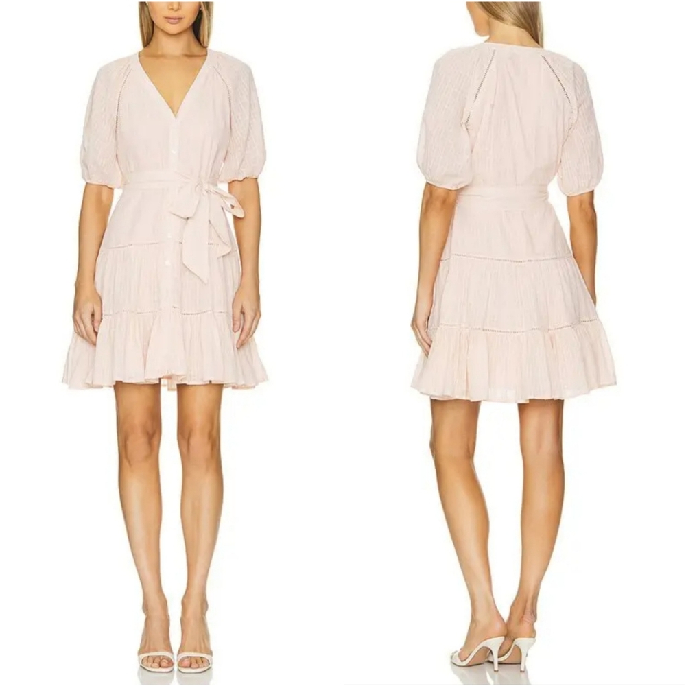 Veronica Beard Dewey Tiered Cotton Button-Up Tie Waist Dress Pink Haze Sz 14